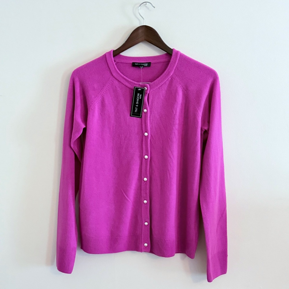 Tint & Shadow Petite Raspberry Pink Pearl Button Cardigan Women's Size PM New